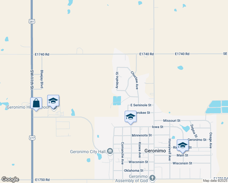 map of restaurants, bars, coffee shops, grocery stores, and more near 112 Arapaho Street in Geronimo