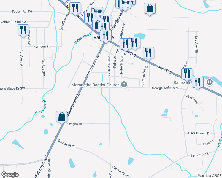 map of restaurants, bars, coffee shops, grocery stores, and more near 37 George Wallace Drive Southeast in Rainsville