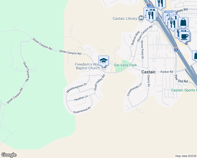 map of restaurants, bars, coffee shops, grocery stores, and more near 31347 Quail Valley Road in Castaic