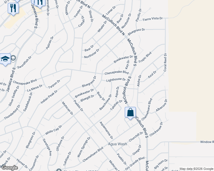 map of restaurants, bars, coffee shops, grocery stores, and more near 3796 Buoy Lane in Lake Havasu City