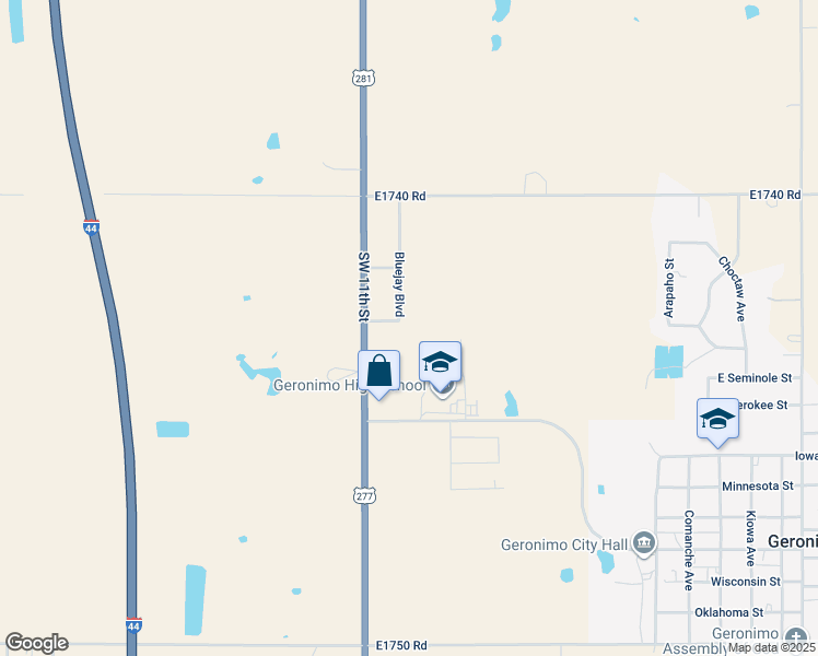 map of restaurants, bars, coffee shops, grocery stores, and more near 105 Bluejay Boulevard in Geronimo
