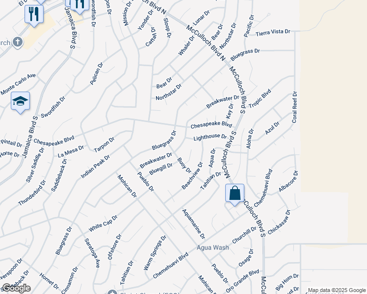 map of restaurants, bars, coffee shops, grocery stores, and more near 3730 Breakwater Drive in Lake Havasu City