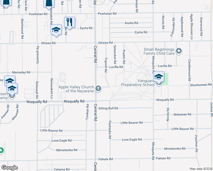 map of restaurants, bars, coffee shops, grocery stores, and more near 22576 Ojai Road in Apple Valley