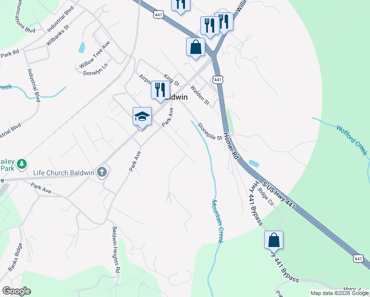 map of restaurants, bars, coffee shops, grocery stores, and more near 349 Baldwin Falls Road in Baldwin