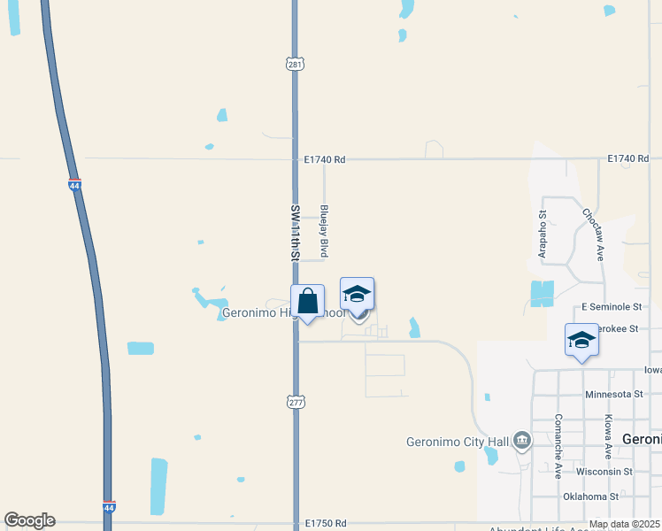 map of restaurants, bars, coffee shops, grocery stores, and more near 105 Bluejay Boulevard in Geronimo