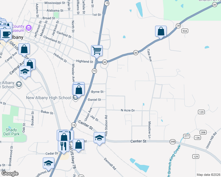 map of restaurants, bars, coffee shops, grocery stores, and more near 1098 Prince Boulevard in New Albany