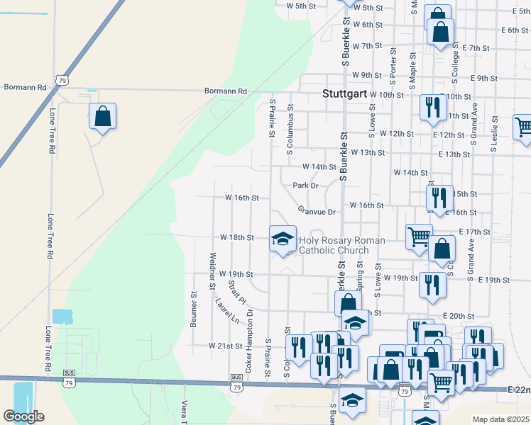 map of restaurants, bars, coffee shops, grocery stores, and more near 1610 South Prairie Street in Stuttgart