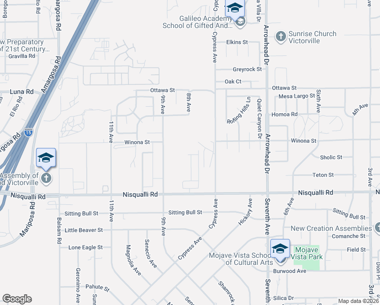 map of restaurants, bars, coffee shops, grocery stores, and more near 15920 Foxwood Road in Victorville