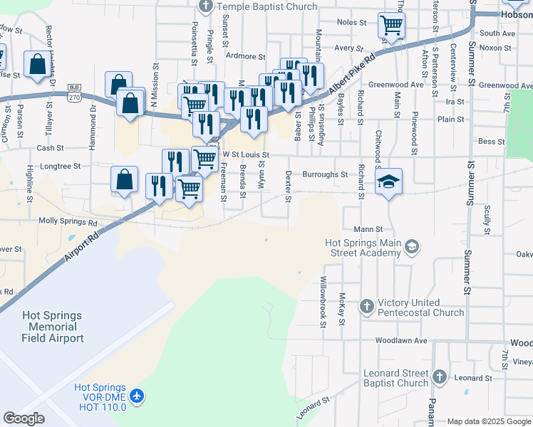 map of restaurants, bars, coffee shops, grocery stores, and more near 150 Sun Street in Hot Springs