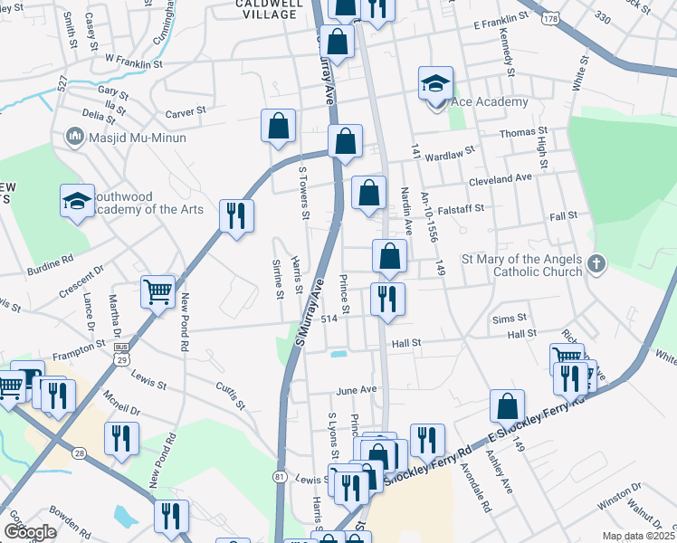 map of restaurants, bars, coffee shops, grocery stores, and more near 1806 South Murray Avenue in Anderson