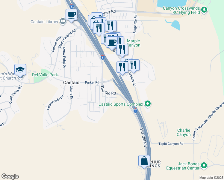 map of restaurants, bars, coffee shops, grocery stores, and more near 31294 The Old Road in Castaic