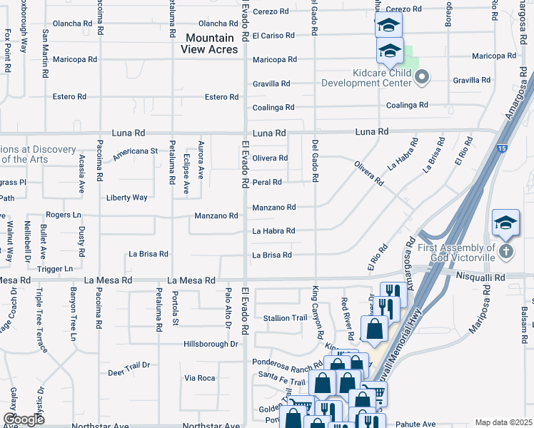 map of restaurants, bars, coffee shops, grocery stores, and more near 14561 Manzano Road in Victorville