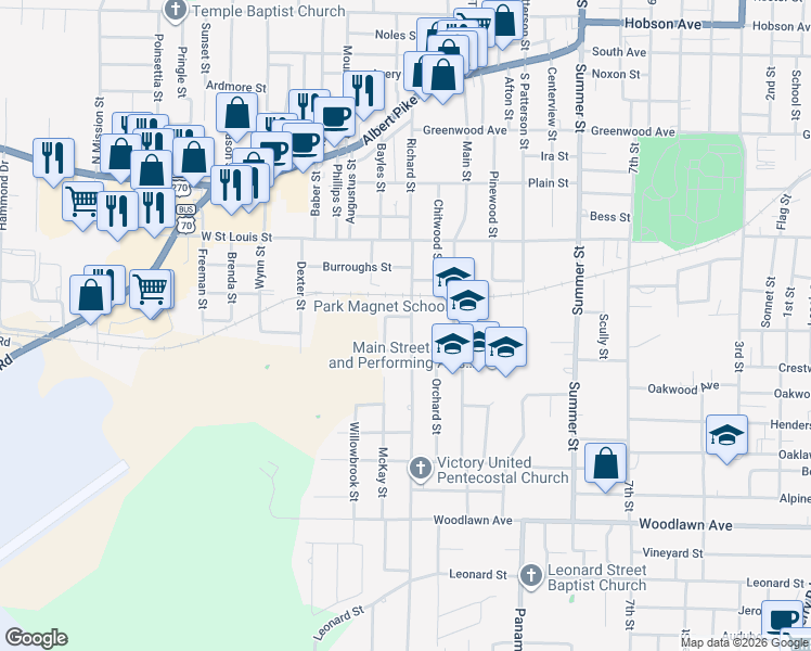 map of restaurants, bars, coffee shops, grocery stores, and more near 704 Richard Street in Hot Springs