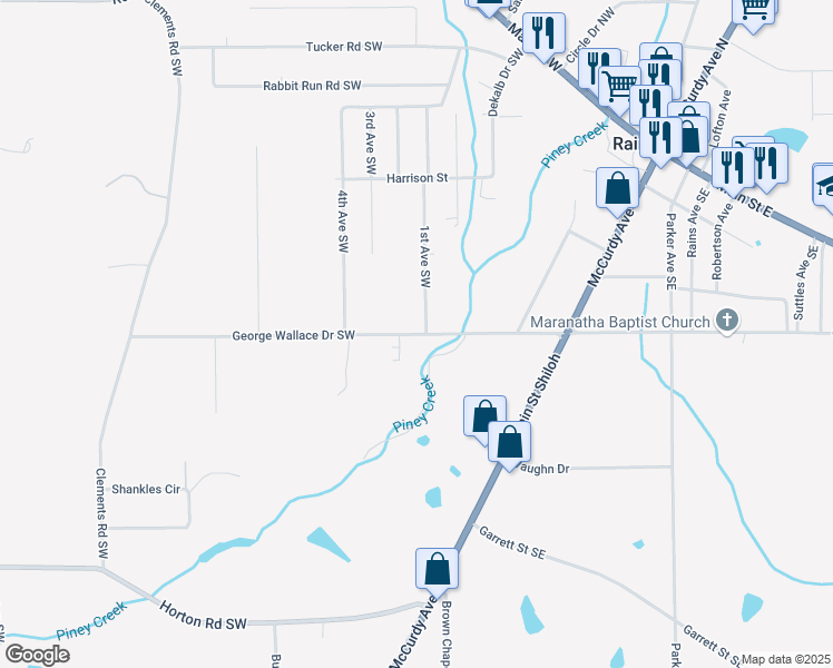 map of restaurants, bars, coffee shops, grocery stores, and more near 380 George Wallace Drive Southwest in Rainsville