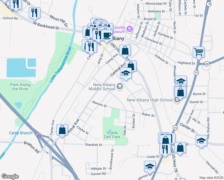 map of restaurants, bars, coffee shops, grocery stores, and more near 300-398 Oak Street in New Albany