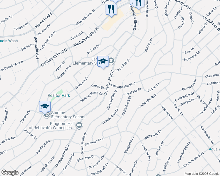 map of restaurants, bars, coffee shops, grocery stores, and more near 3393 Jamaica Boulevard South in Lake Havasu City