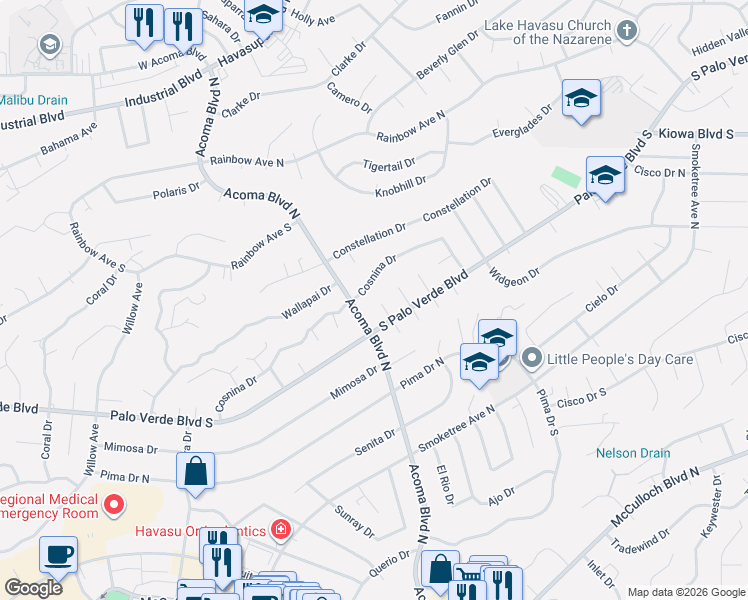map of restaurants, bars, coffee shops, grocery stores, and more near 425 Flamingo Lane in Lake Havasu City