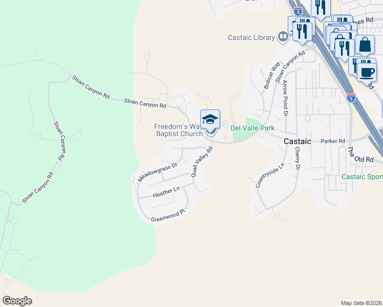 map of restaurants, bars, coffee shops, grocery stores, and more near 28614 Meadowgrass Drive in Castaic
