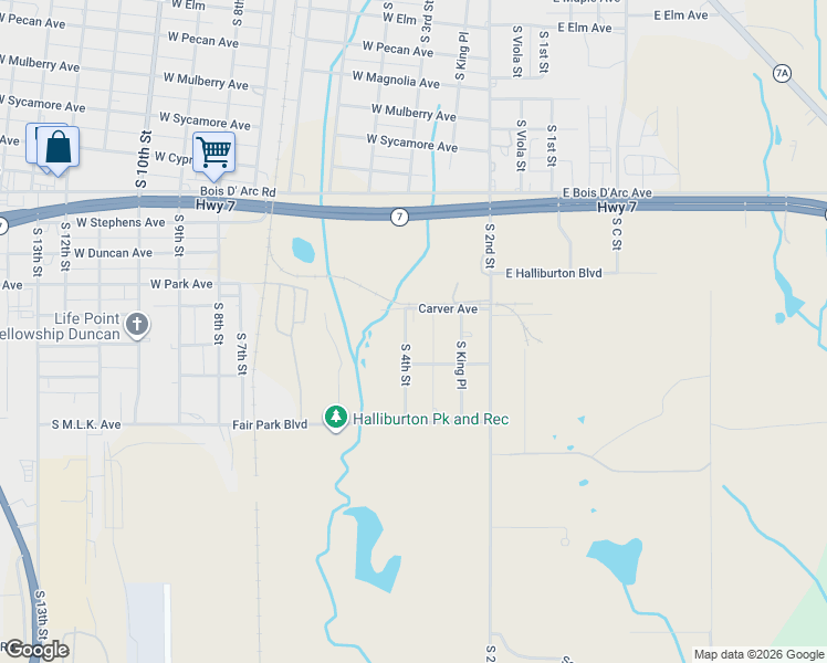 map of restaurants, bars, coffee shops, grocery stores, and more near 1216 South 4th Street in Duncan