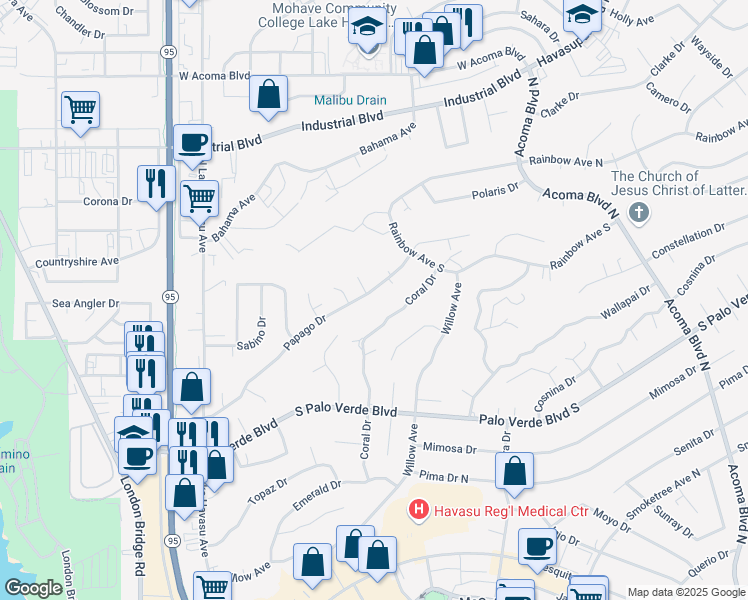 map of restaurants, bars, coffee shops, grocery stores, and more near 1890 Papago Drive in Lake Havasu City