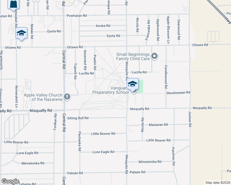 map of restaurants, bars, coffee shops, grocery stores, and more near Mesquite Road in Apple Valley