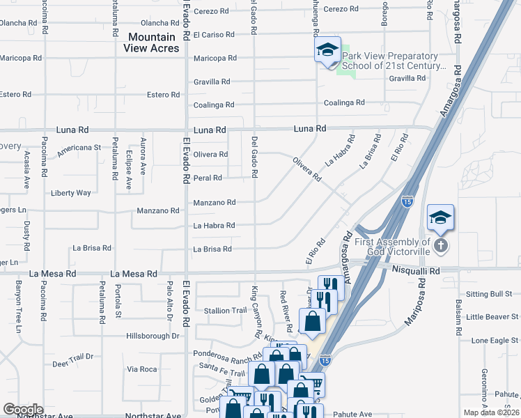 map of restaurants, bars, coffee shops, grocery stores, and more near 14711 Manzano Road in Victorville