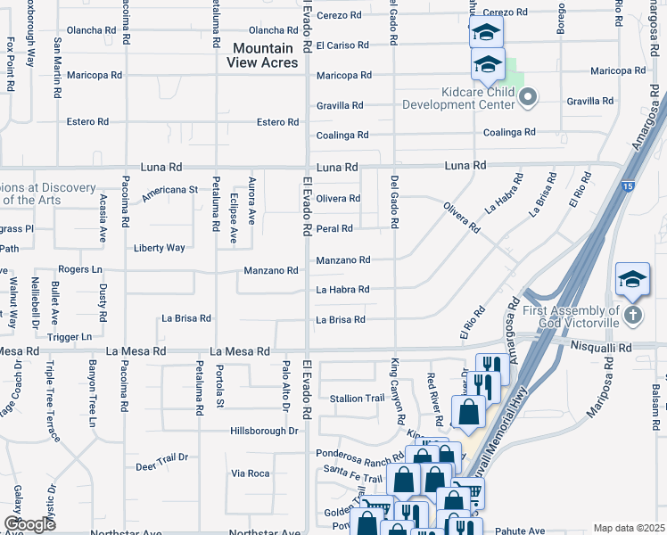 map of restaurants, bars, coffee shops, grocery stores, and more near 14561 Manzano Road in Victorville