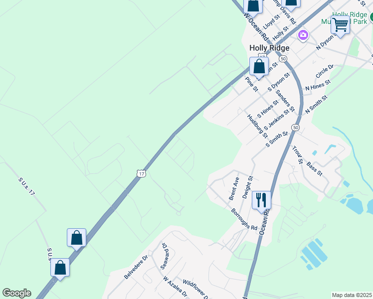 map of restaurants, bars, coffee shops, grocery stores, and more near 402 Ridgeway Lane in Holly Ridge