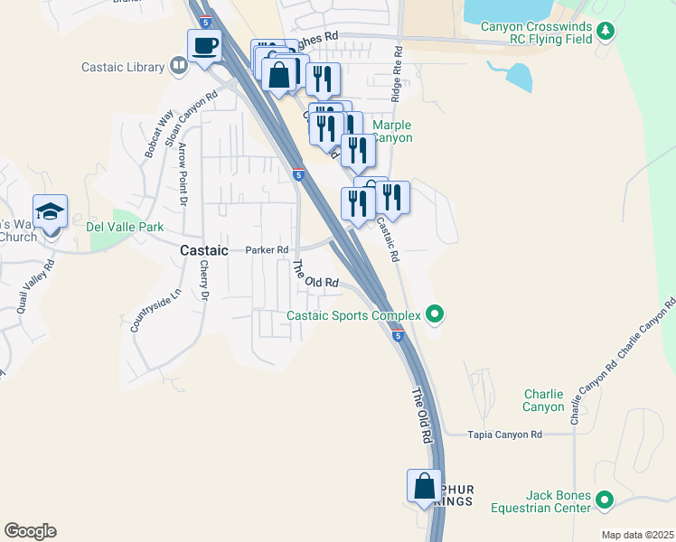 map of restaurants, bars, coffee shops, grocery stores, and more near 31280 The Old Road in Castaic