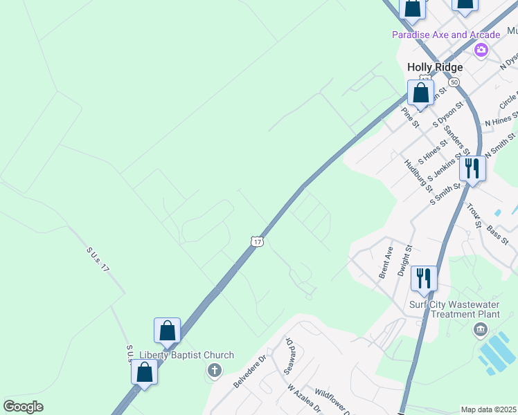 map of restaurants, bars, coffee shops, grocery stores, and more near 139 Beacon Woods Drive in Holly Ridge