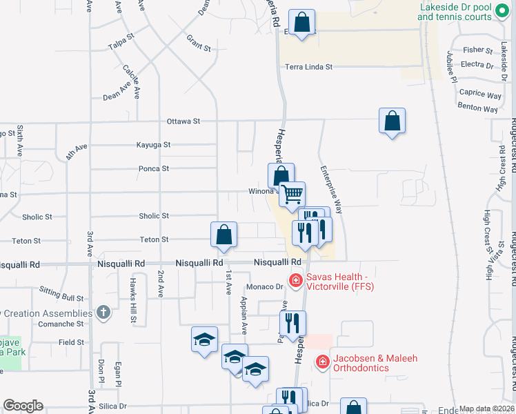 map of restaurants, bars, coffee shops, grocery stores, and more near 13053 Pondera Court in Victorville