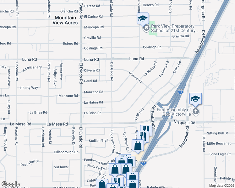 map of restaurants, bars, coffee shops, grocery stores, and more near 14711 Manzano Road in Victorville