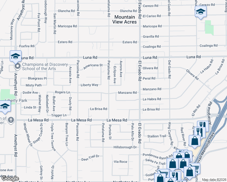map of restaurants, bars, coffee shops, grocery stores, and more near 13059 Petaluma Road in Victorville
