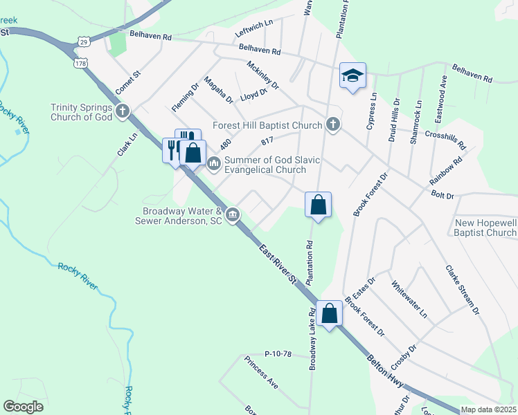 map of restaurants, bars, coffee shops, grocery stores, and more near 413 Nelson Drive in Anderson