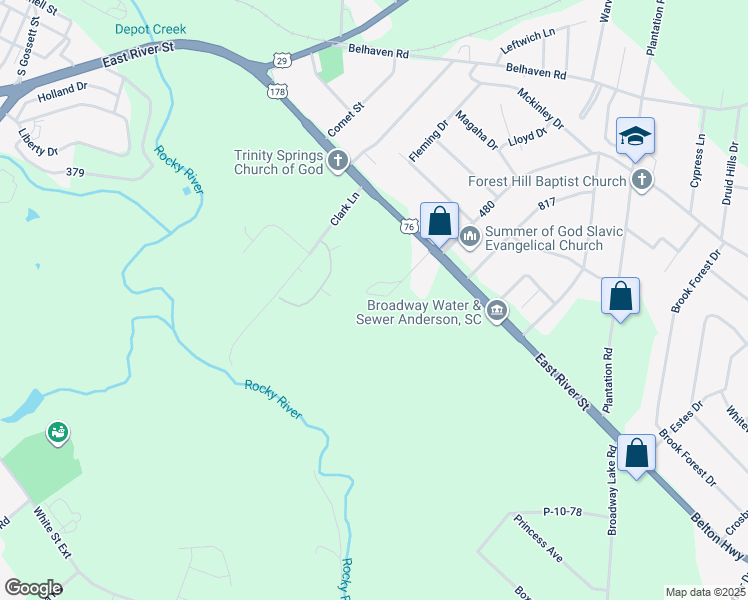 map of restaurants, bars, coffee shops, grocery stores, and more near 106 Hanks Drive in Anderson