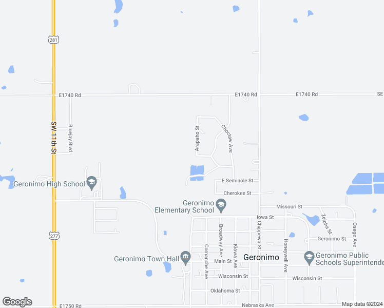 map of restaurants, bars, coffee shops, grocery stores, and more near 114 Arapaho Street in Geronimo