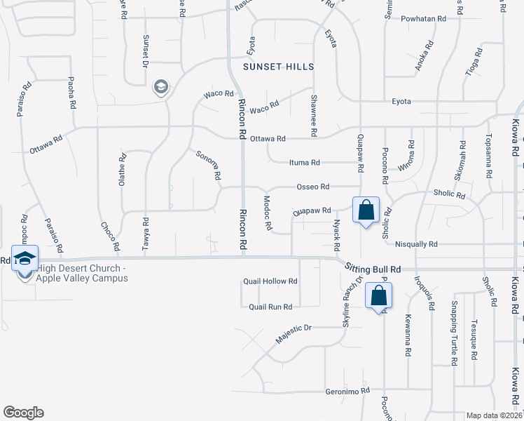 map of restaurants, bars, coffee shops, grocery stores, and more near 20221 Modoc Road in Apple Valley