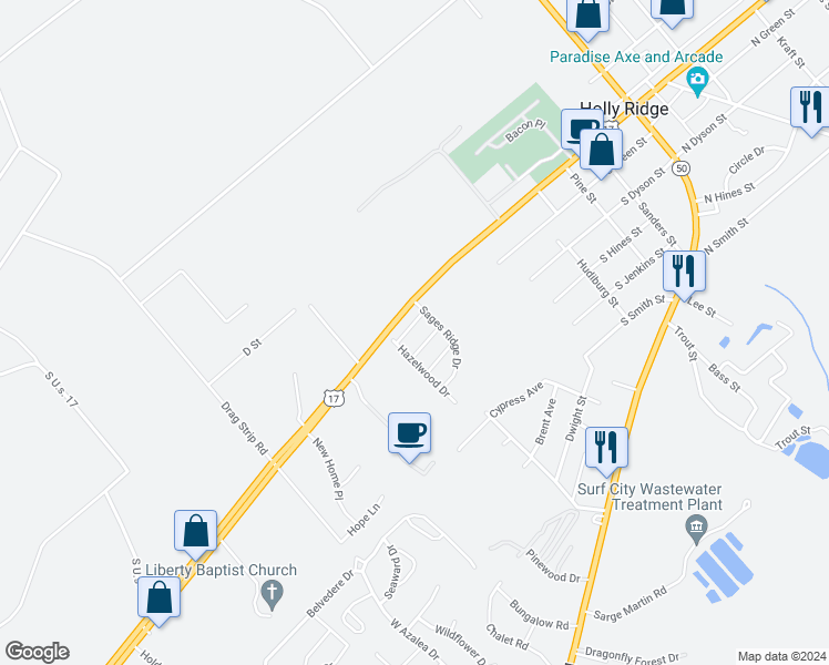 map of restaurants, bars, coffee shops, grocery stores, and more near 205 Oak Ridge Lane in Holly Ridge