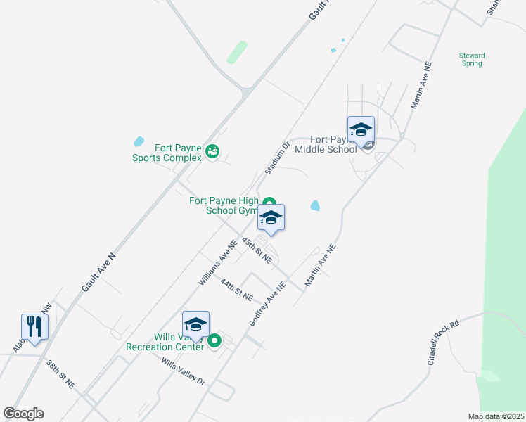 map of restaurants, bars, coffee shops, grocery stores, and more near 201 45th Street Northeast in Fort Payne