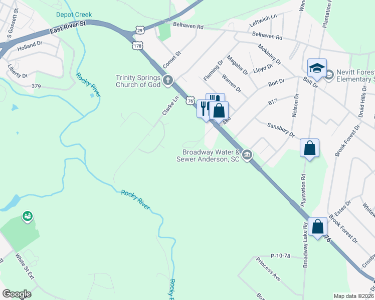 map of restaurants, bars, coffee shops, grocery stores, and more near 106 Hanks Drive in Anderson