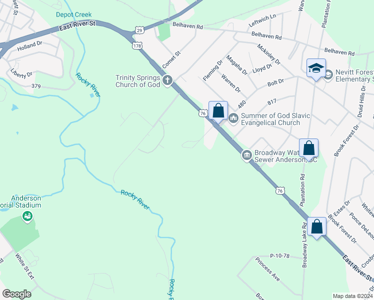 map of restaurants, bars, coffee shops, grocery stores, and more near 106 Hanks Drive in Anderson