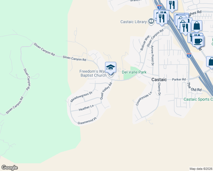 map of restaurants, bars, coffee shops, grocery stores, and more near 28414 Applewood Lane in Castaic