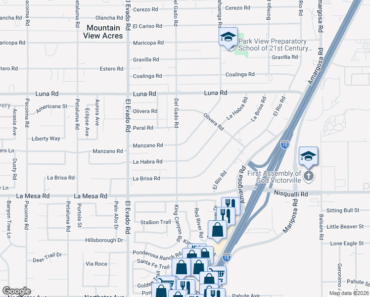 map of restaurants, bars, coffee shops, grocery stores, and more near 14711 Manzano Road in Victorville