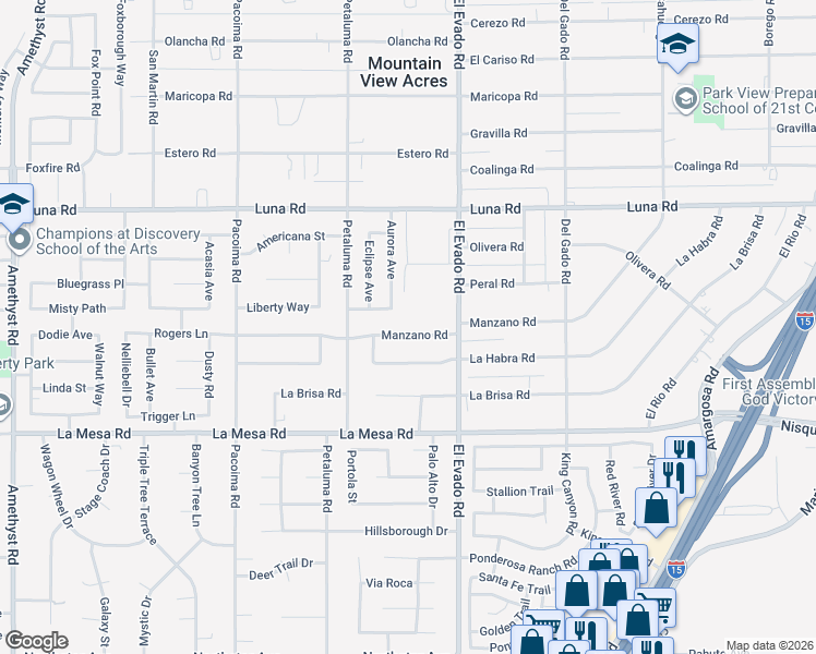 map of restaurants, bars, coffee shops, grocery stores, and more near 14373 Manzano Road in Victorville
