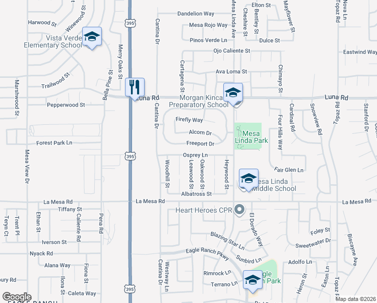 map of restaurants, bars, coffee shops, grocery stores, and more near 12336 Osprey Lane in Victorville