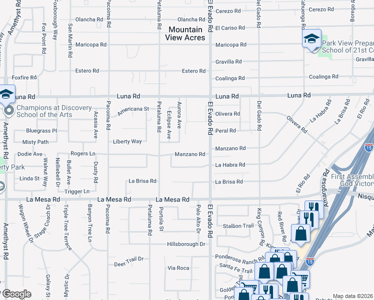 map of restaurants, bars, coffee shops, grocery stores, and more near 14373 Manzano Road in Victorville