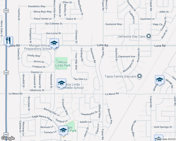 map of restaurants, bars, coffee shops, grocery stores, and more near 12815 Snowview Court in Victorville