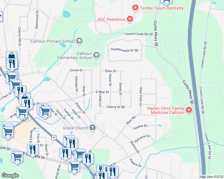 map of restaurants, bars, coffee shops, grocery stores, and more near 1001 East May Street in Calhoun