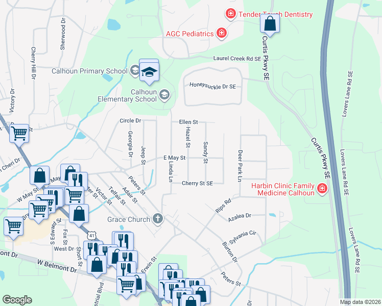 map of restaurants, bars, coffee shops, grocery stores, and more near 1001 E May St in Calhoun