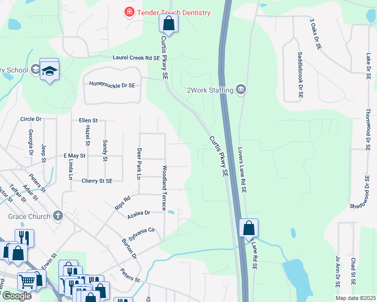 map of restaurants, bars, coffee shops, grocery stores, and more near 111 Sylvan Drive in Calhoun